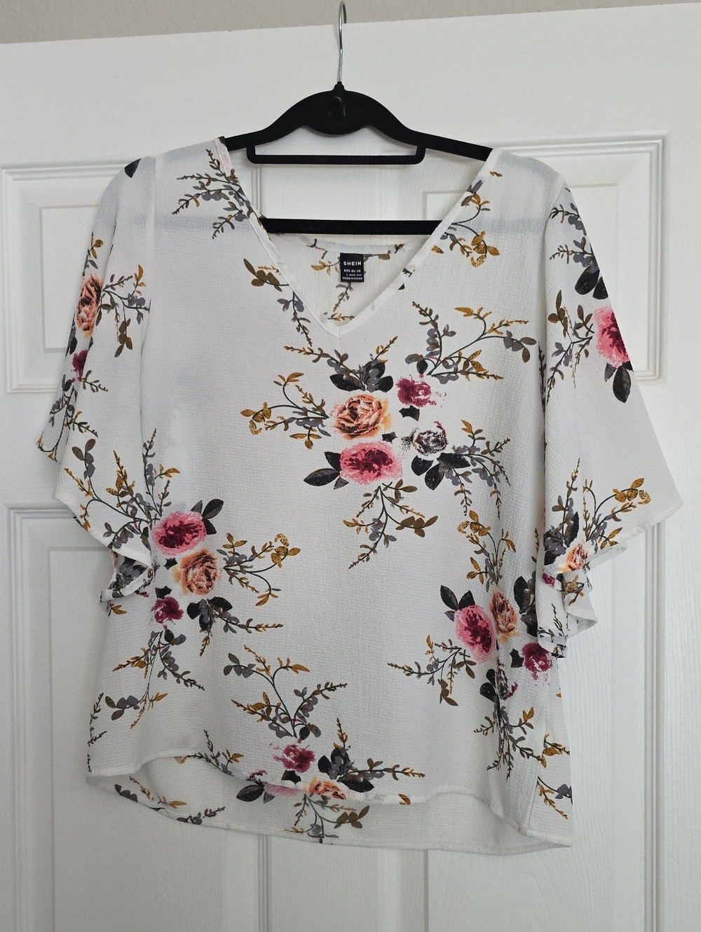 White Floral V-Neck Blouse with Pink Roses